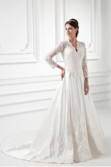 Satin V Neckline A Line Lace Gown