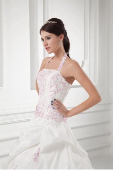 Taffeta Halter A Line Gown with Embroidery