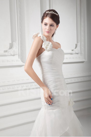 Organza One Shoulder A Line Gown with Hand-made Flowers