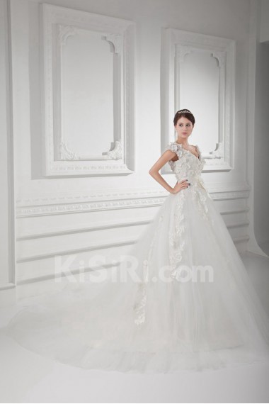 Satin and Net V Neckline A Line Gown with Embroidery