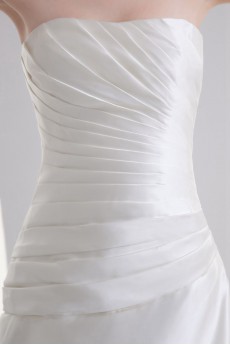 Satin Strapless A Line Gown with Gathered Ruched Bodice
