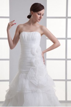 Organza Strapless A Line Gown with Hand-made Flowers