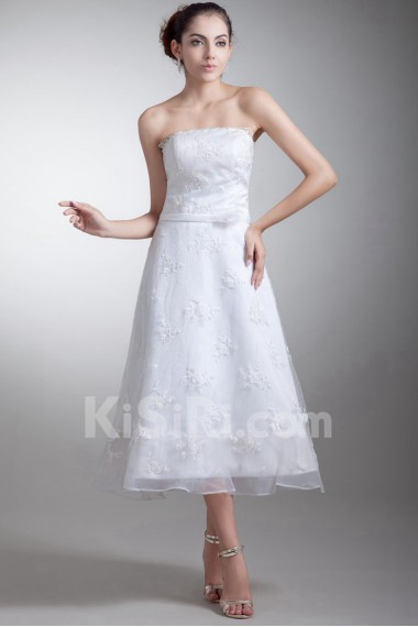 Organza and Satin Strapless Tea-Length Gown