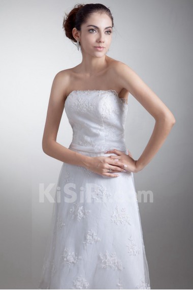 Organza and Satin Strapless Tea-Length Gown