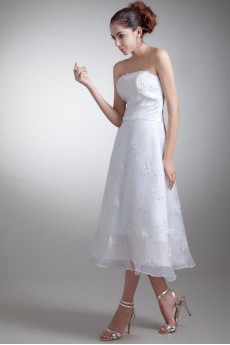 Organza and Satin Strapless Tea-Length Gown
