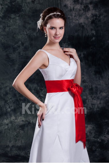 Satin V-Neck A Line Gown with Sash