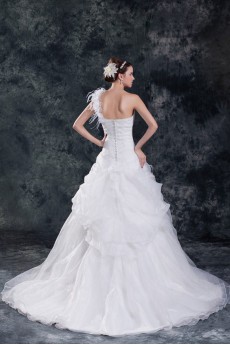 Organza One Shoulder A Line Gown with Feather