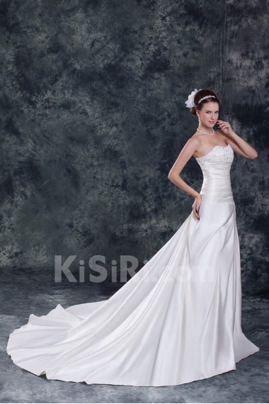 Satin Strapless A Line Gown with Embroidery