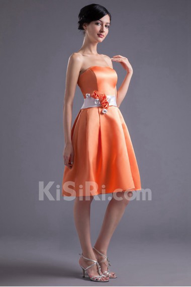 Satin Strapless Knee Length Dress with Sash