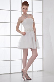 Net and Satin Strapless Short Dress with Sash