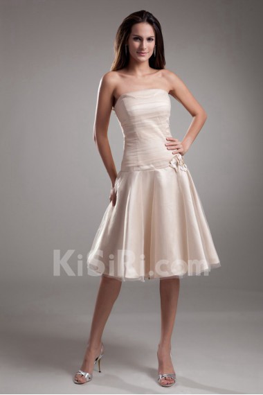 Net Strapless Knee Length Dress with Hand-made Flowers