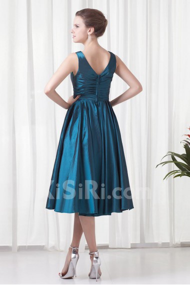 Taffeta V Neckline Tea-Length Dress with Hand-made Flower
