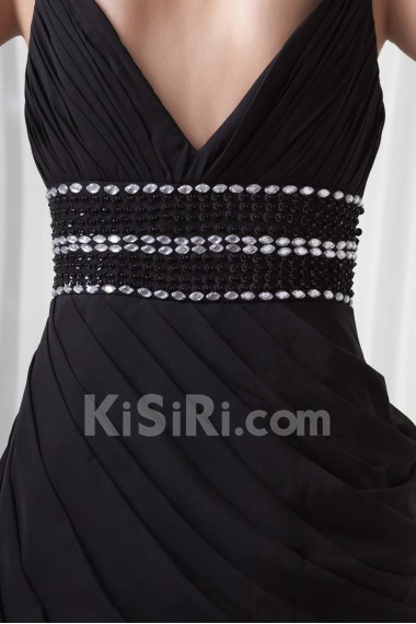 Chiffon V Neckline Short Dress with Directionally Ruched Bodice