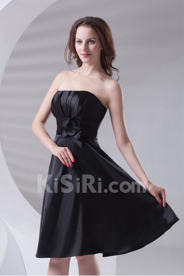 Satin Strapless Knee Length Dress with Hand-made Flower