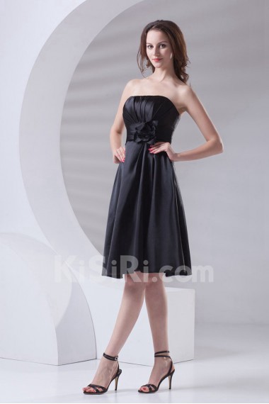 Satin Strapless Knee Length Dress with Hand-made Flower