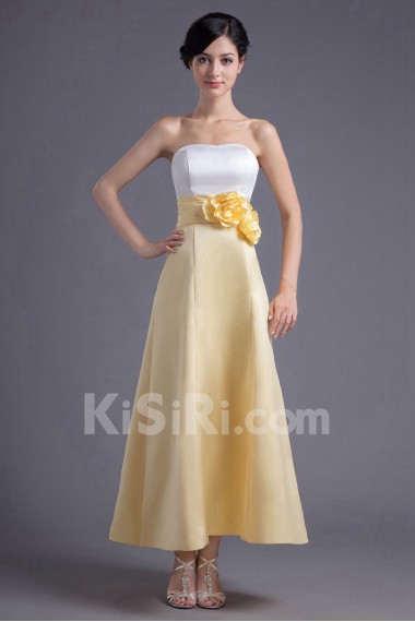 Satin Strapless A Line Ankle-Length Dress with Hand-made Flowers