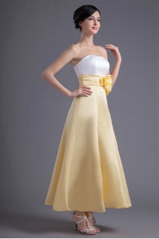 Satin Strapless A Line Ankle-Length Dress with Hand-made Flowers