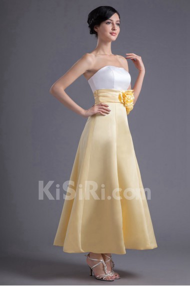 Satin Strapless A Line Ankle-Length Dress with Hand-made Flowers