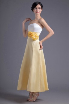 Satin Strapless A Line Ankle-Length Dress with Hand-made Flowers