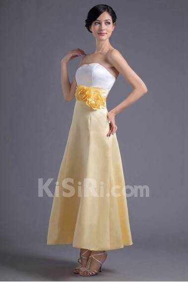 Satin Strapless A Line Ankle-Length Dress with Hand-made Flowers