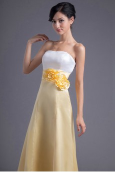 Satin Strapless A Line Ankle-Length Dress with Hand-made Flowers