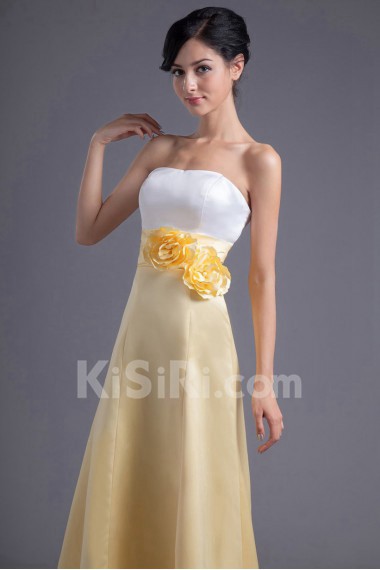 Satin Strapless A Line Ankle-Length Dress with Hand-made Flowers