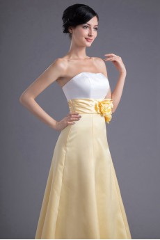 Satin Strapless A Line Ankle-Length Dress with Hand-made Flowers