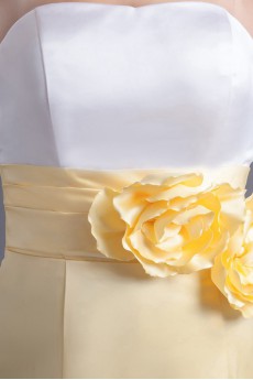 Satin Strapless A Line Ankle-Length Dress with Hand-made Flowers