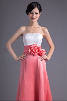 Satin Strapless A Line Ankle-Length Dress with Hand-made Flowers