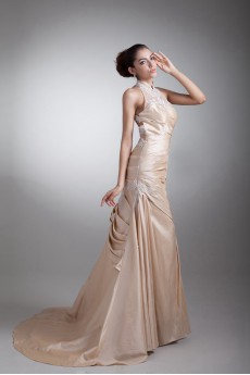 Taffeta High Collar Sheath Dress with Embroidery