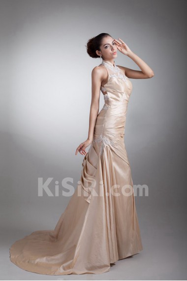 Taffeta High Collar Sheath Dress with Embroidery