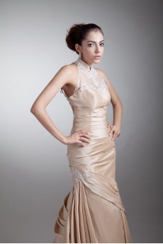 Taffeta High Collar Sheath Dress with Embroidery