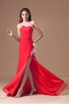 Chiffon One Shoulder Sheath Dress with Embroidery