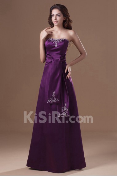 Satin Strapless A Line Dress with Embroidery