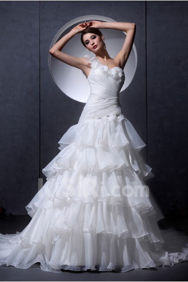 Yarn Satin One-Shoulder A-Line Dress with Ruffle Handmade Flowers