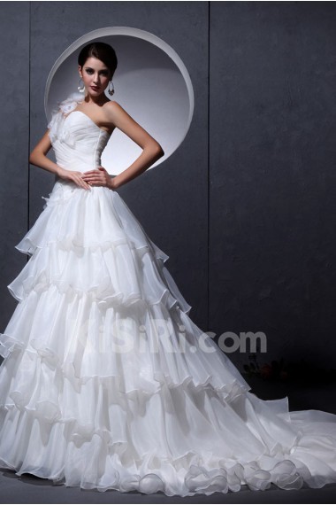 Yarn Satin One-Shoulder A-Line Dress with Ruffle Handmade Flowers