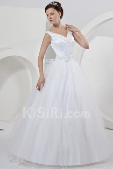 Satin V-Neckline Watteau Train A-Line Dress with Bow Sash