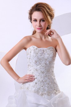 Satin Organza Scoop Neckline A-Line Dress with Ruffle Embroidery 