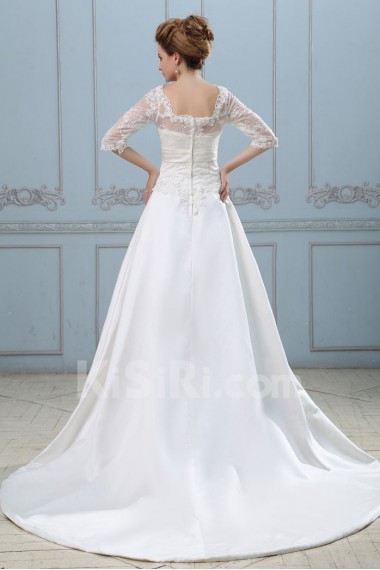 Satin V-Neckline A-Line Dress with Embroidery and Half-Sleeves