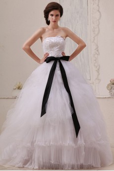 Gauze Strapless Floor Length Ball Gown with Sash and Embroidery