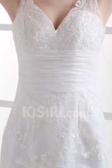 Lace V-Neckline Brush Train Sheath Dress with Embroidery
