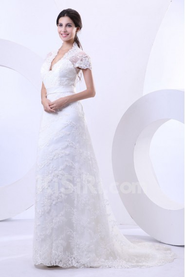 Lace V-Neckline Sheath Dress with Cap-Sleeves