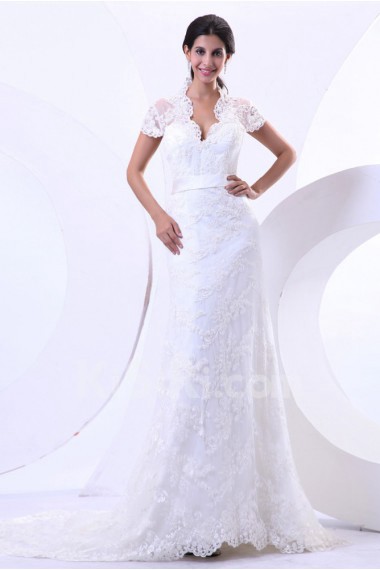 Lace V-Neckline Sheath Dress with Cap-Sleeves