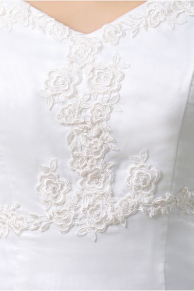 Satin Organza V-Neckline A-Line Dress with Embroidery and Cap-Sleeves