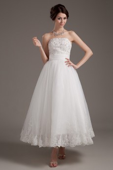 Satin and Yarn Strapless Tea-Length A-line Dress with Embroidery