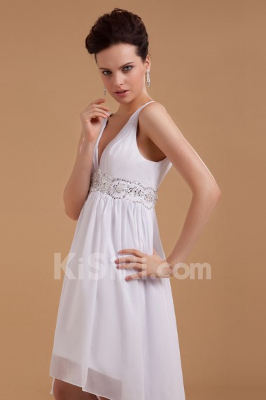 Satin V-Neckline Short Dress with Embroidery