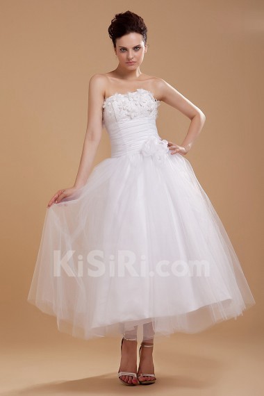 Yarn and Satin Strapless Tea-Length A-line Dress with Embroidery
