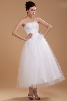 Yarn and Satin Strapless Tea-Length A-line Dress with Embroidery