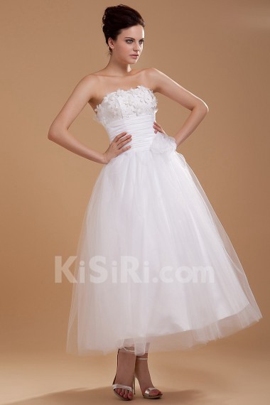 Yarn and Satin Strapless Tea-Length A-line Dress with Embroidery