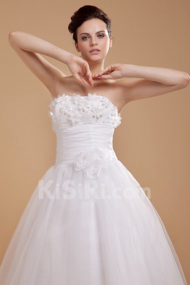 Yarn and Satin Strapless Tea-Length A-line Dress with Embroidery